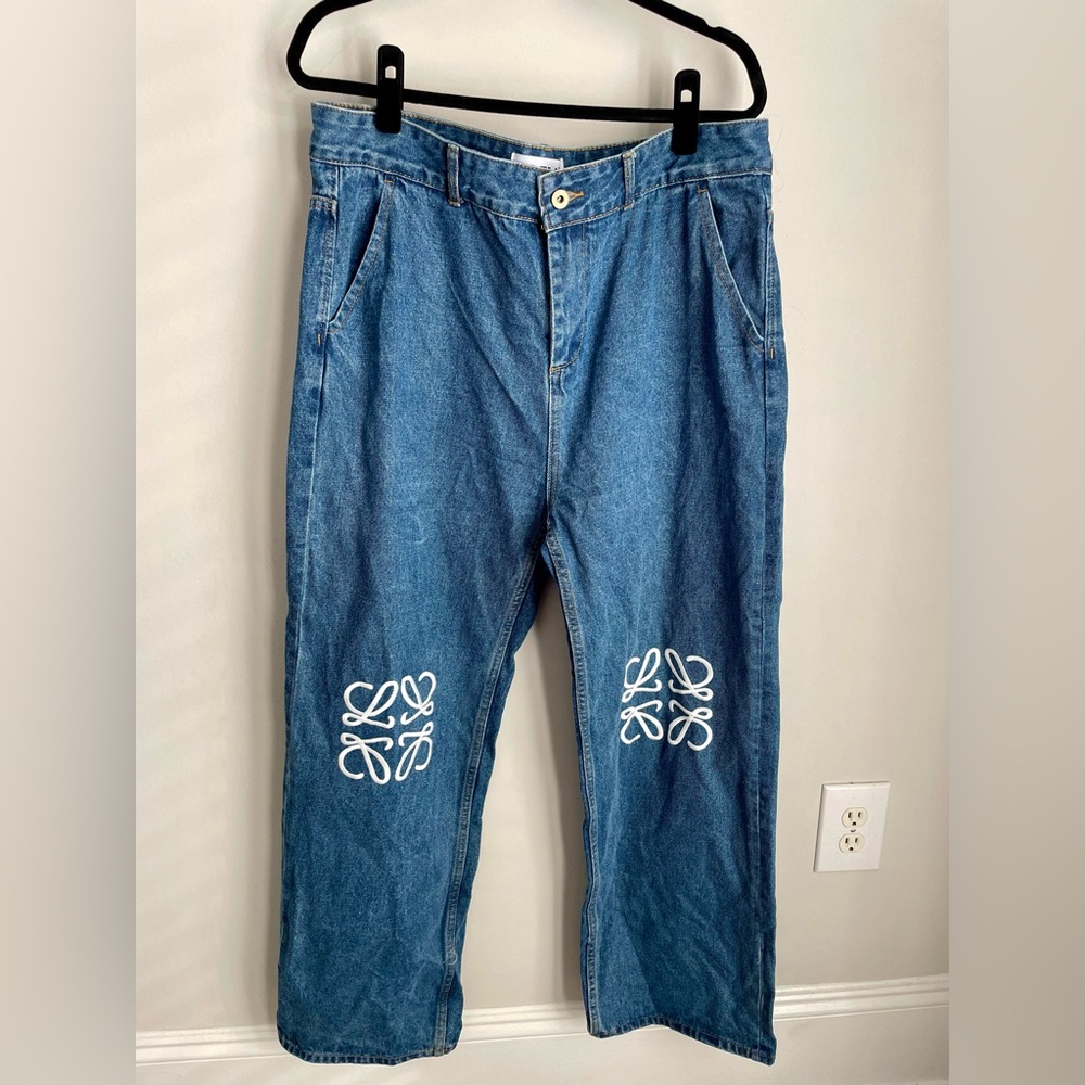 LOEWE INSPIRED WOMEN’S DENIM STRAIGHT LEG EMBROIDERED LOGO